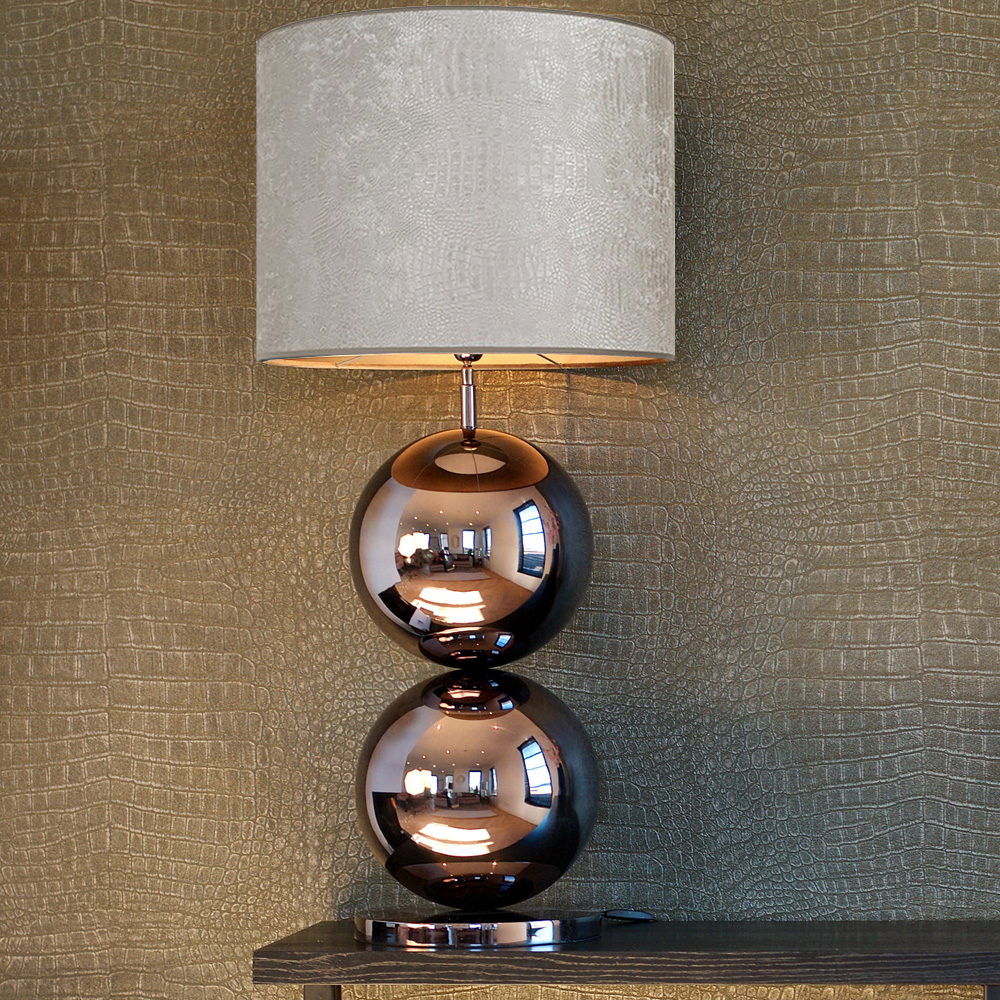 Large Black Nickel Table Lamp With Beige Shade
