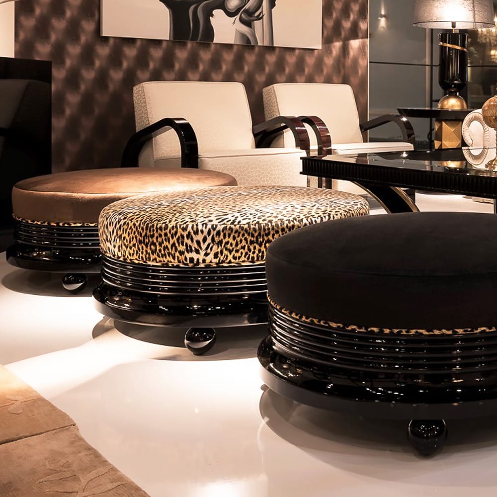 Large Luxury Black Lacquered Upholstered Pouffe