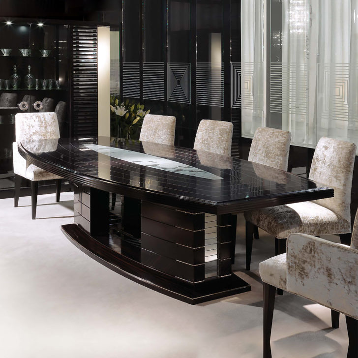 Large Modern Ebony Dining Table Set Featuring Crystals