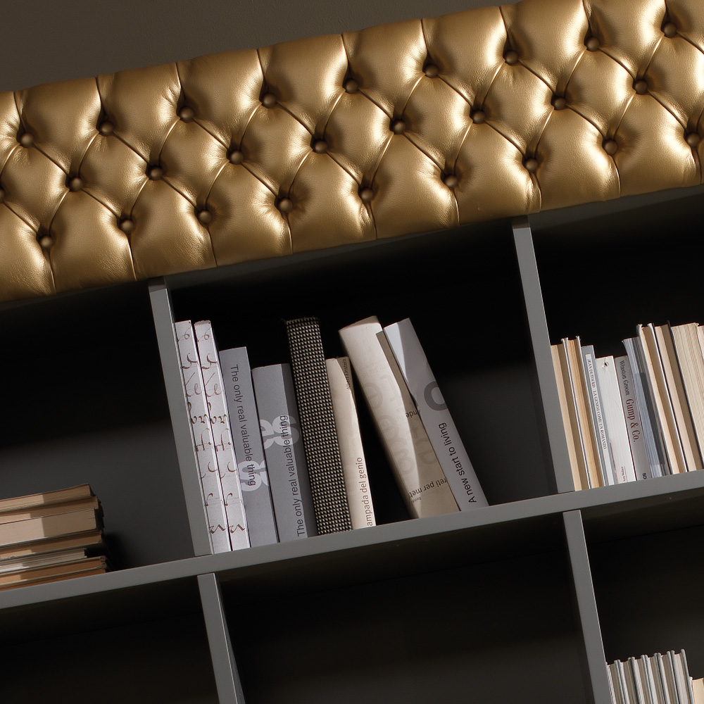 Large Modern Gold Leather Button Upholstered Bookcase