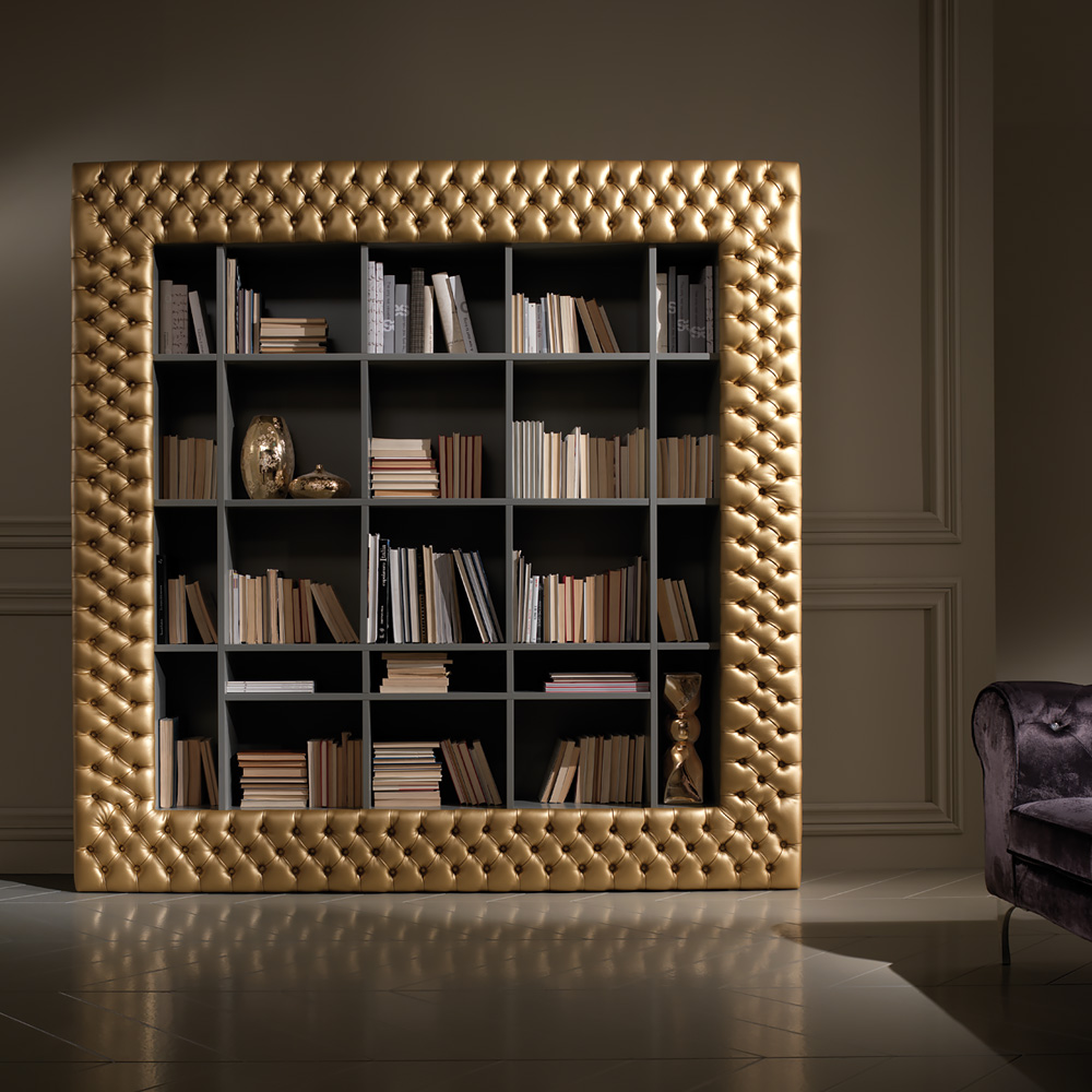 Large Modern Gold Leather Button Upholstered Bookcase