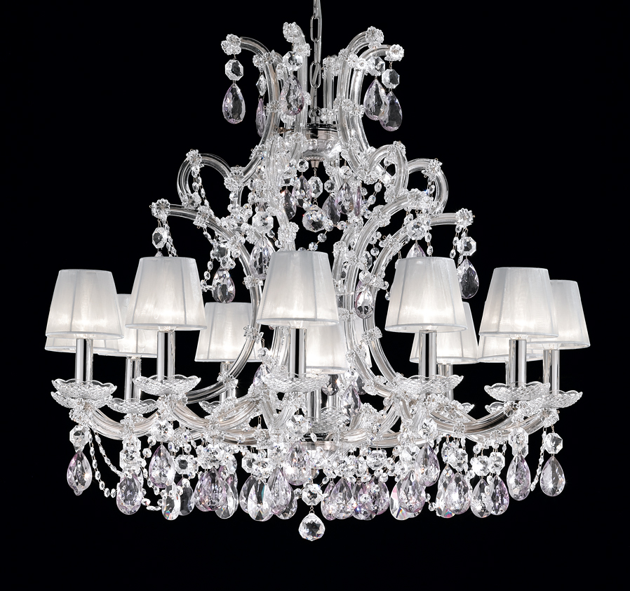 Large Crystal Chandelier Including White Organza Shades