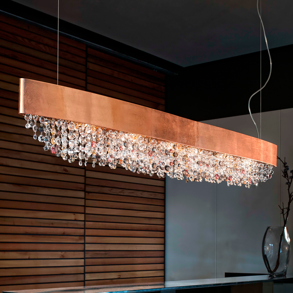 Long Oval Copper Leaf Contemporary Chandelier