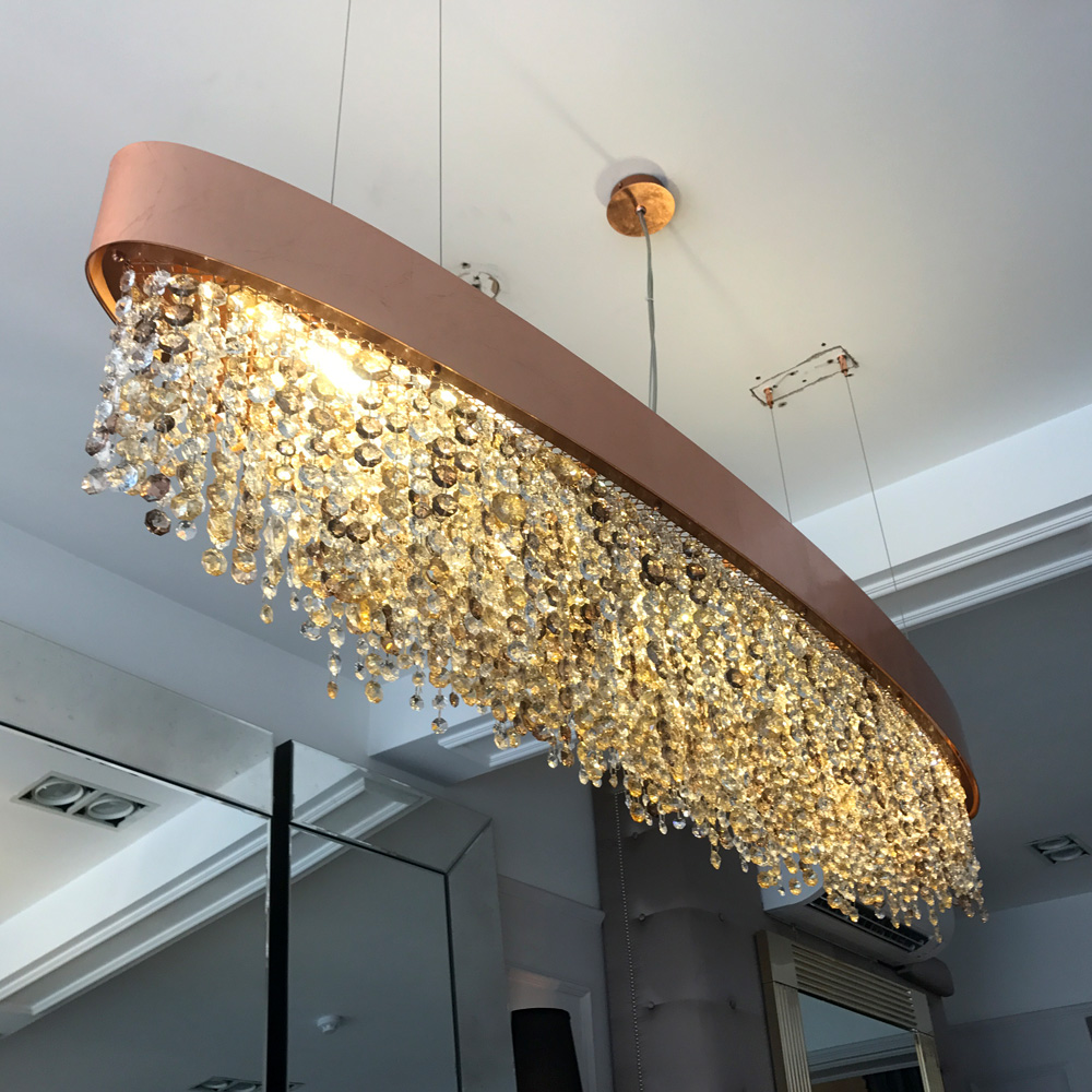 Long Oval Copper Leaf Contemporary Chandelier With Amber Tone Crystals