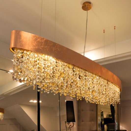 Long Oval Copper Leaf Contemporary Chandelier With Amber Tone Crystals Long Oval Copper Leaf Contemporary Chandelier With Amber Tone Crystals