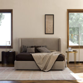 Luxury Designer Italian Leather Bed With Walnut Veneer Headboard