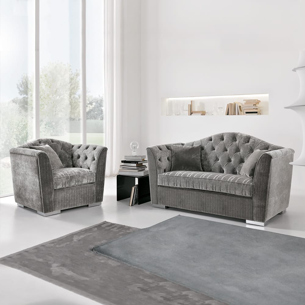Modern Italian Grey Velvet Two Seater Sofa