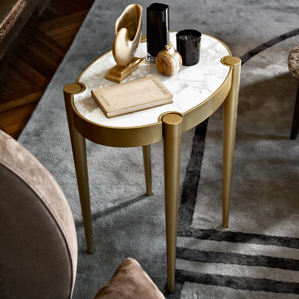 Luxury Italian Marble Brass Designer Oval Side Table