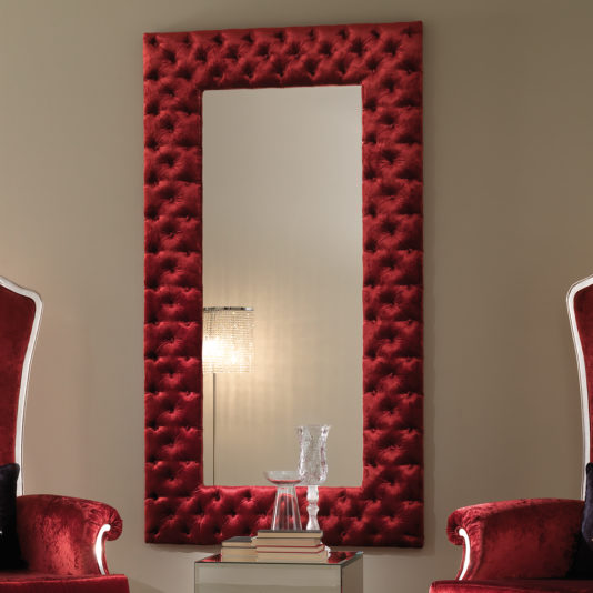 Modern Italian Red Velvet Button Upholstered Mirror