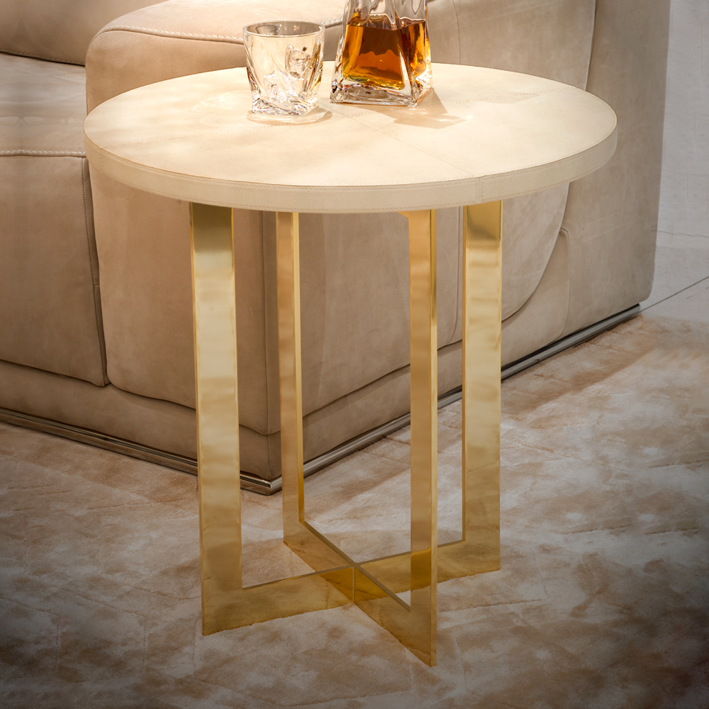 Modern Round 24 Carat Gold Plated Italian Leather Side Table