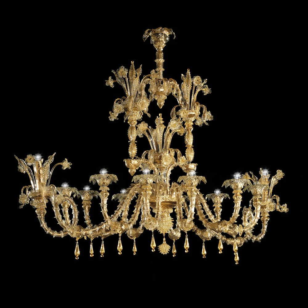 Oval Italian Handcrafted Gold-Plated Murano Glass Chandelier