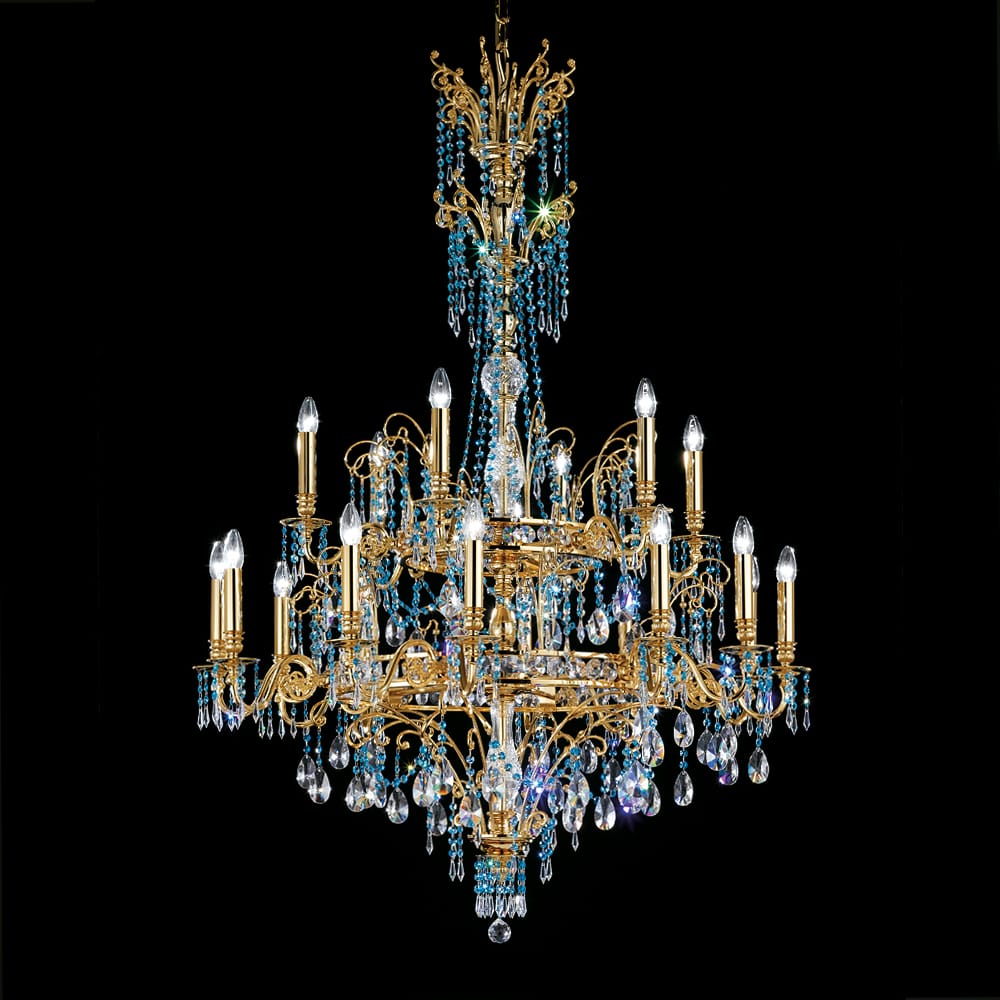 Large Blue Crystal Gold Plated Chandelier