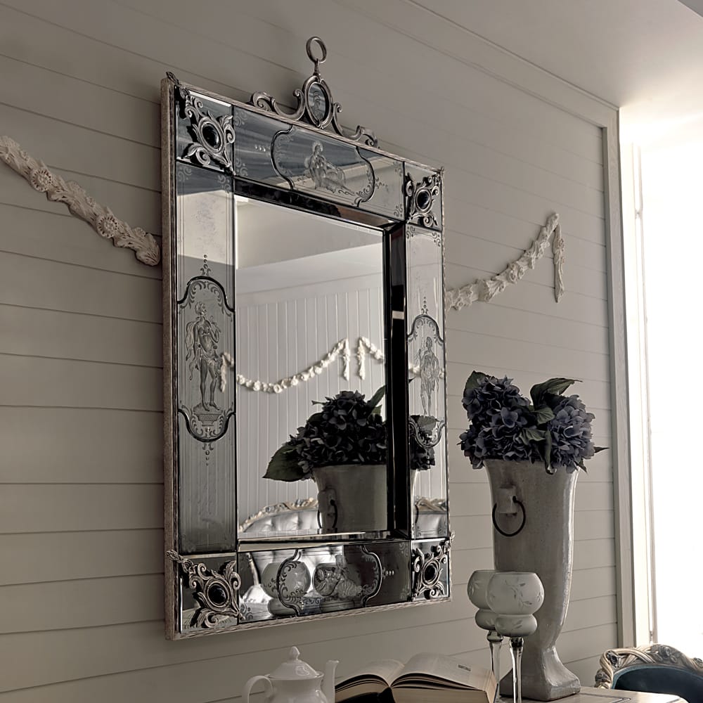 Silver Designer Italian Mirror With Semi-Precious Stones