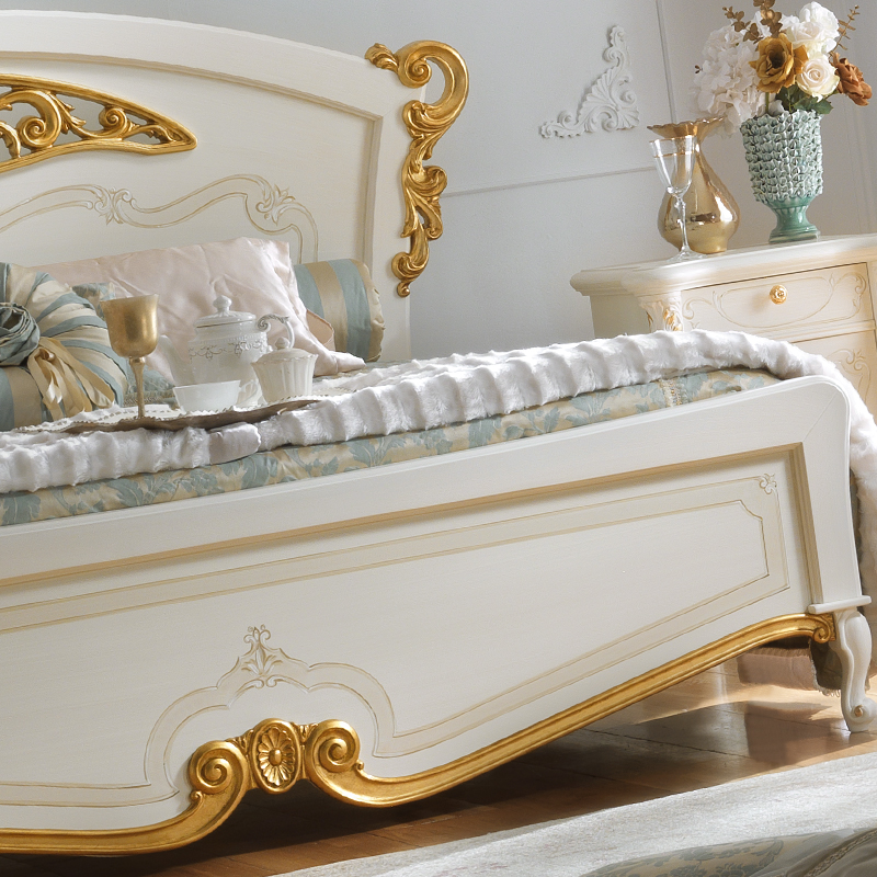 Italian White and Gold Leaf Elaborately Carved Bed