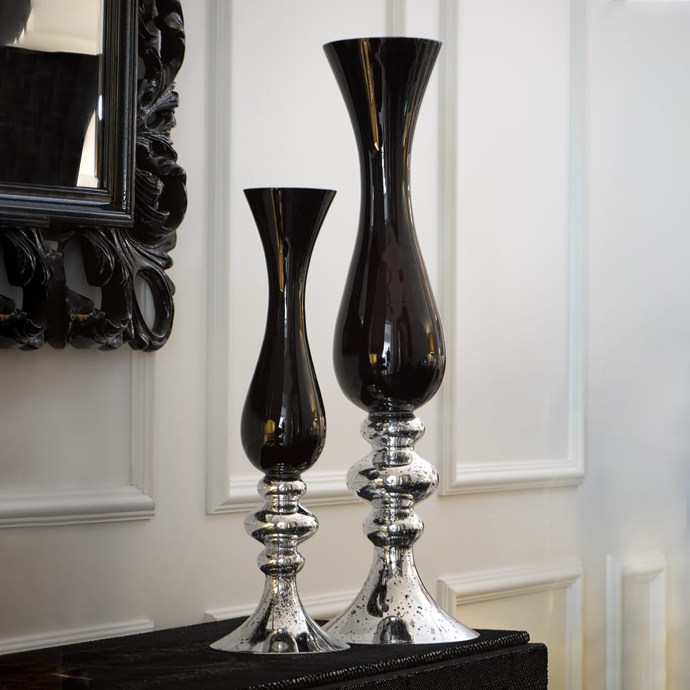Two Tall Silver And Black Designer Glass Vases