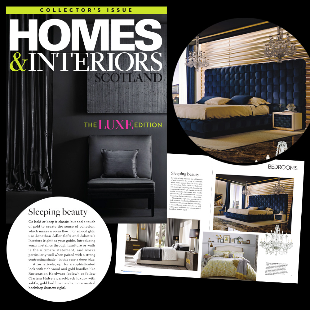 As seen in Homes and Interiors magazine, luxury blue bed