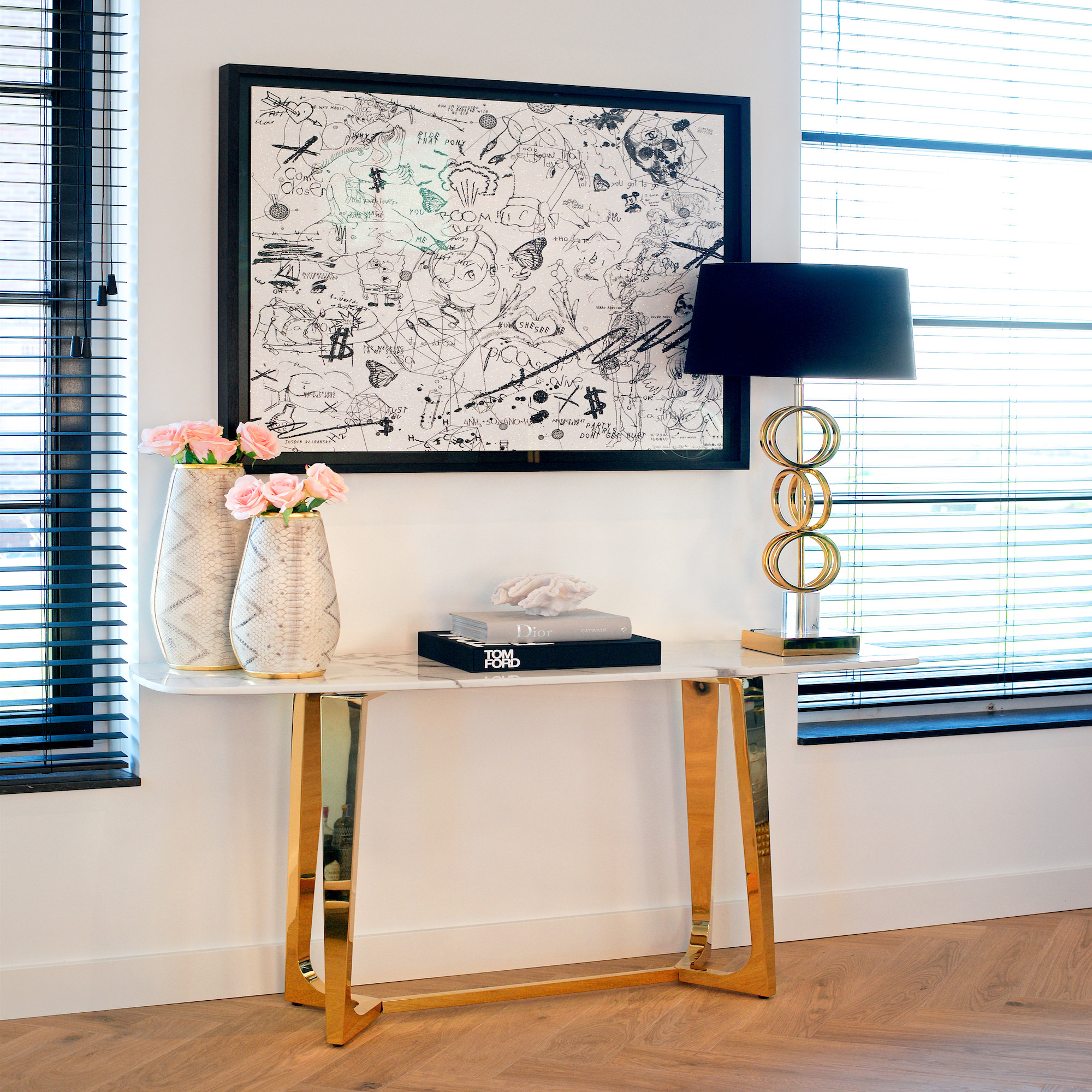 Contemporary Faux Marble And Gold Finish Console Table