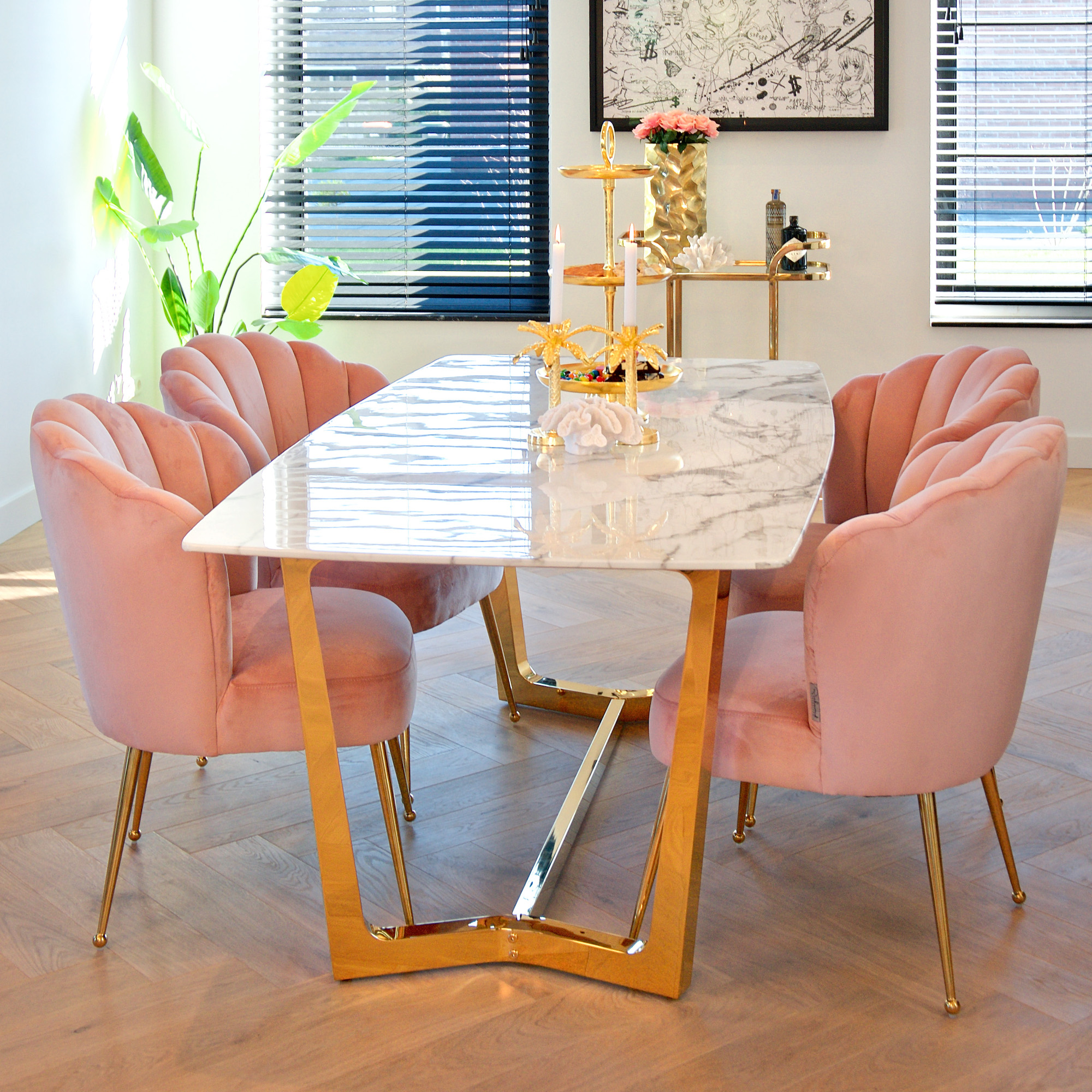 Contemporary Faux Marble And Gold Finish Dining Table