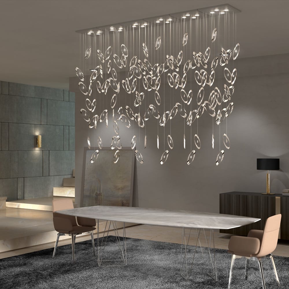 lighting trends 2020, contemporary, rectangular ceiling light installation with Swarovski crystal drops