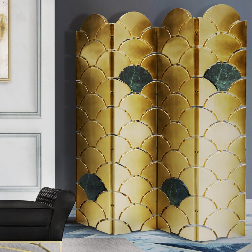 interior design trends 2020, gold and marble scalloped, folding dressing screen