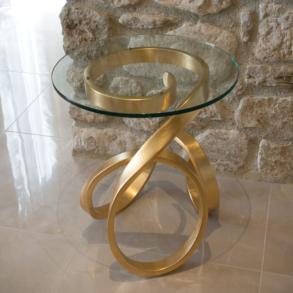 Christmas dining, glass and gold leaf, swirl base, side table