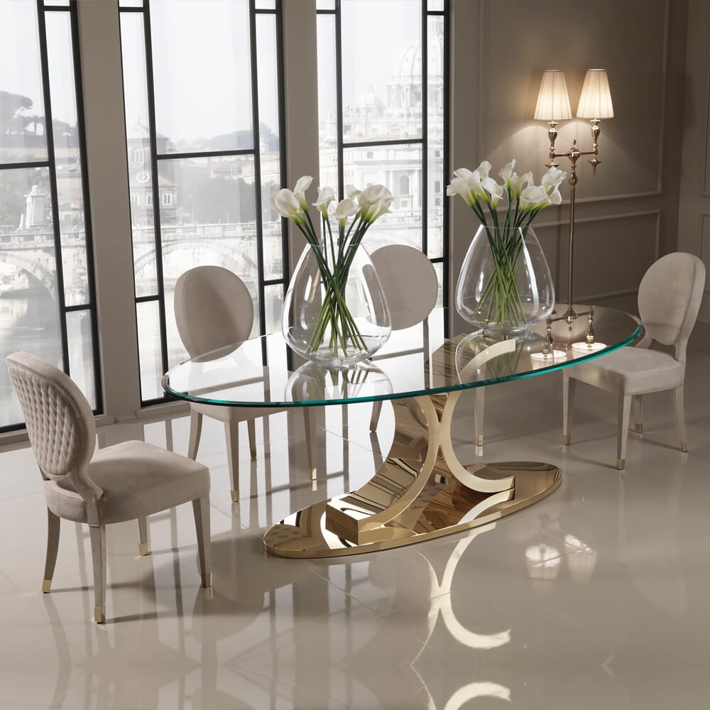 Christmas dining, glass and gold oval dining table