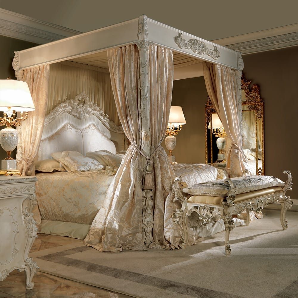 ex-display, extravagant four poster bed with ivory curtains and coverings