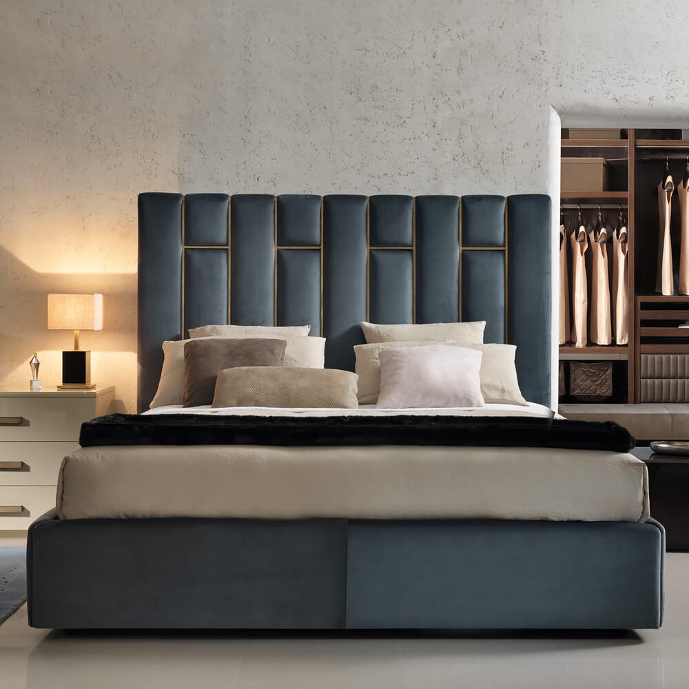 interior design trends 2020, dusky blue velvet bed