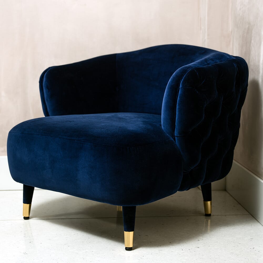 cosy edit, blue velvet tub chair