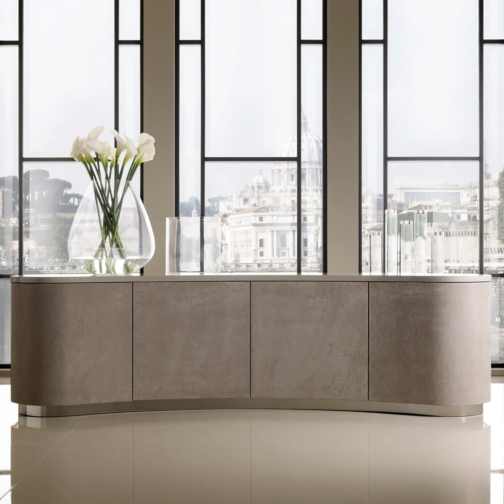 interior design trends 2020, curved beige leather buffet