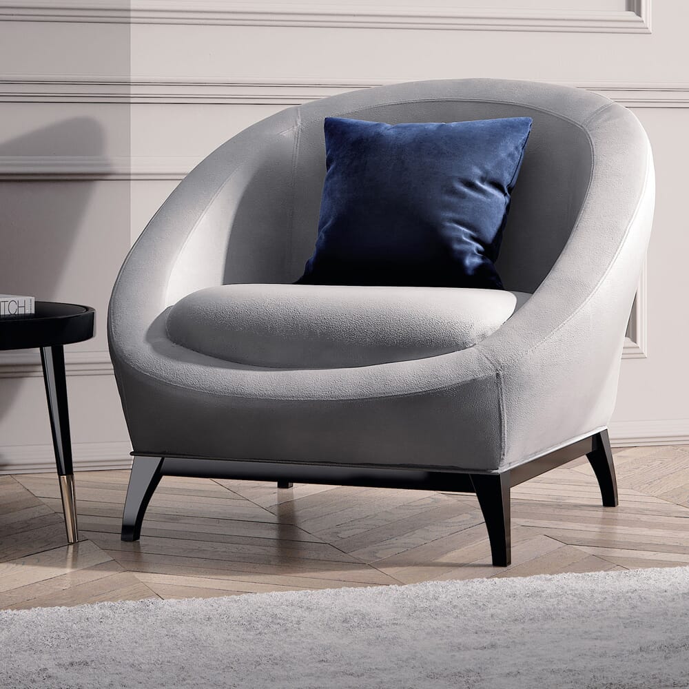 interior design trends 2020, soft curved nubuck leather armchair