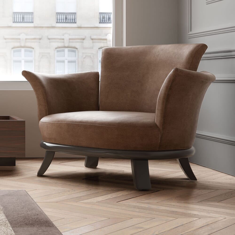 interior design trends 2020, brown leather round armchair