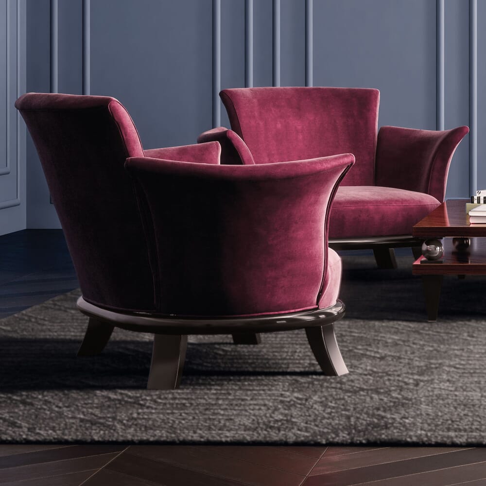 interior design trends 2020, burgundy velvet round armchair