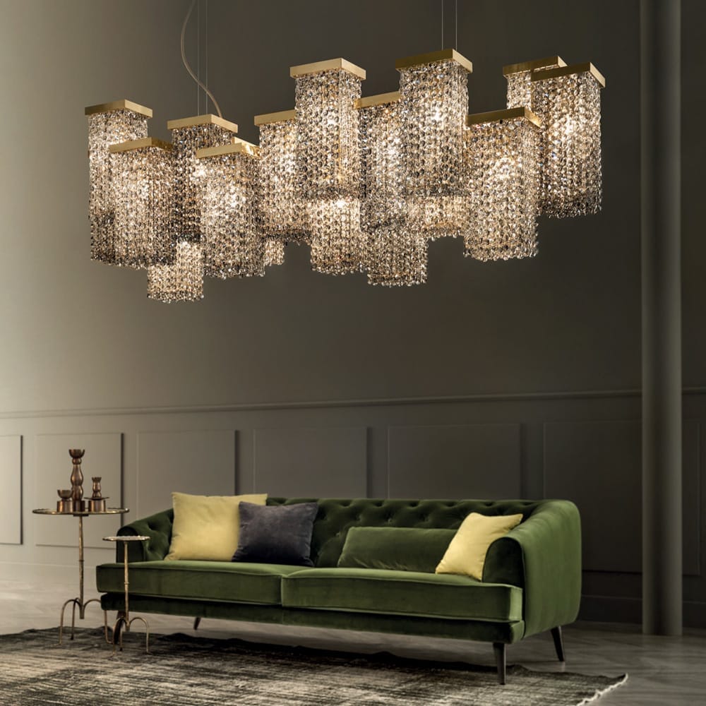 lighting trends 2020, extra large contemporary chandelier, cube elements with crystal drops
