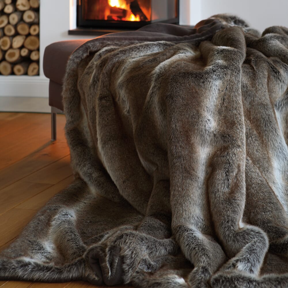 cosy edit, brown wolf faux fur throw