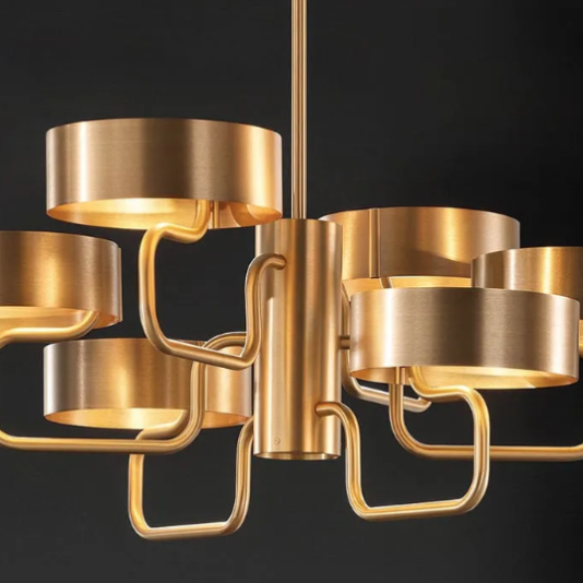 lighting trends 2020, brushed gold industrial ceiling light, 6 circular lights with twisted tube elements