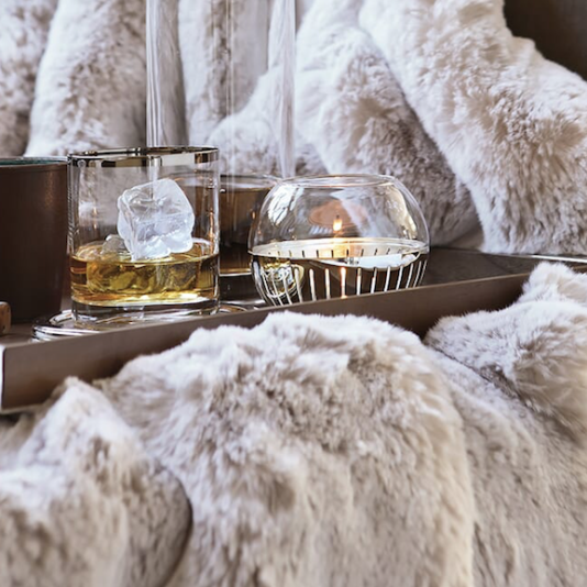 cosy edit, faux fur throw with tray and drinks