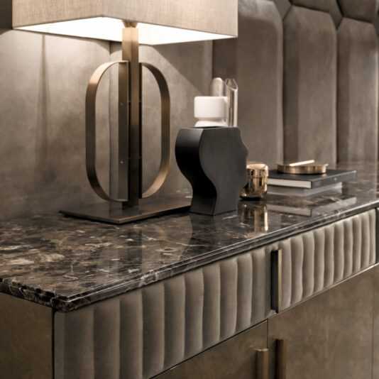 Designer Italian Suede And Grey Burl Veneer Buffet