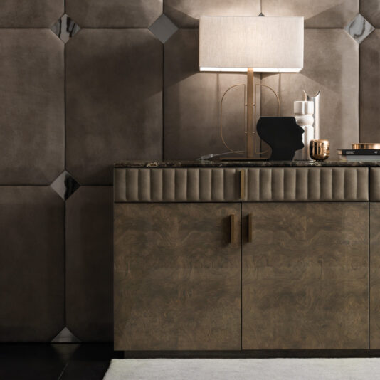 Designer Italian Suede And Grey Burl Veneer Buffet