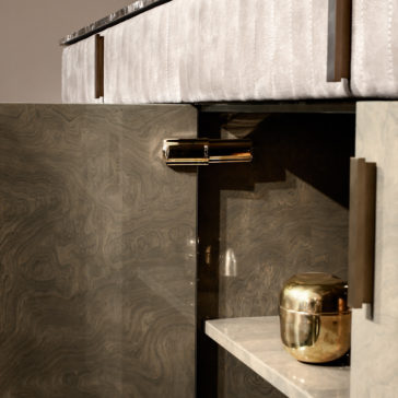 Designer Italian Suede And Grey Burl Veneer Buffet