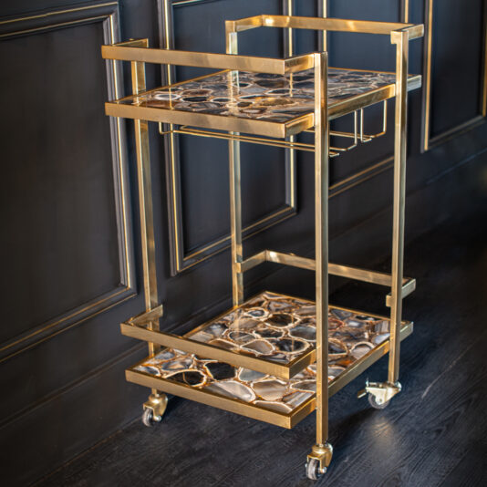 Modern Agate Stone Drinks Trolley In A Gold Finish Modern Agate Stone Drinks Trolley In A Gold Finish