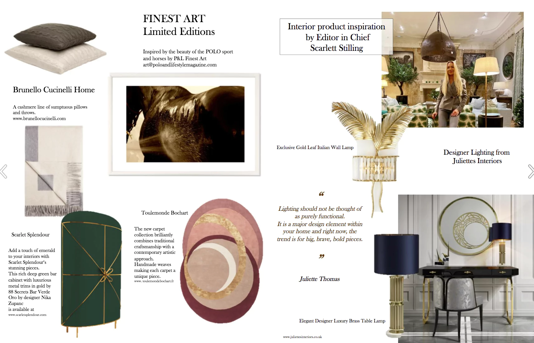 A collage of interior design items in a lifestyle magazine features a green framed mirror, round wall plates, and gold-leaf wall lamps. This interior design inspiration includes horse artwork, a white and gold lamp, and a dining room with a large gold light fixture alongside cow-themed art.