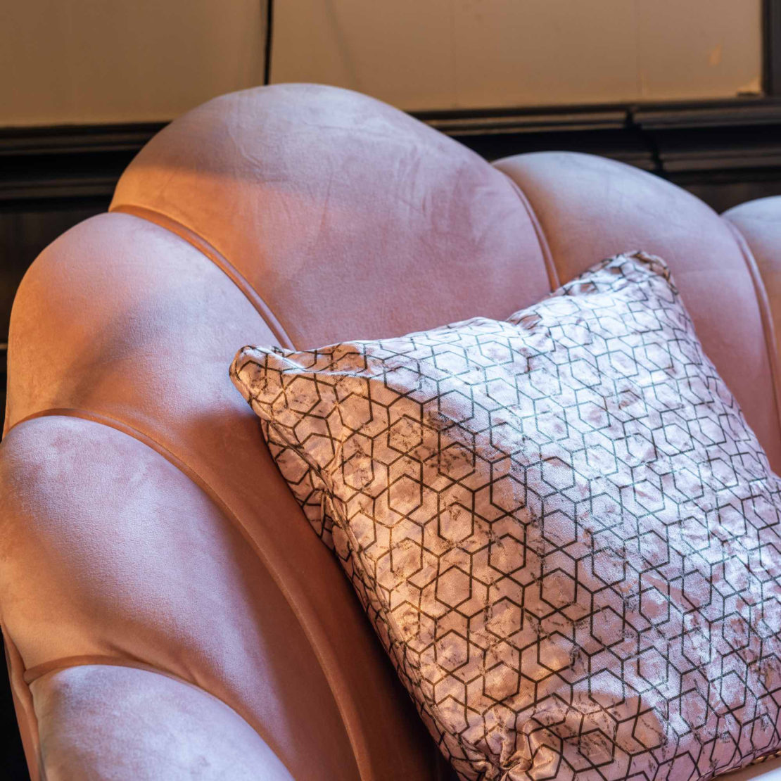 Show Home Furniture, Pink Velvet Scalloped Edge Sofa