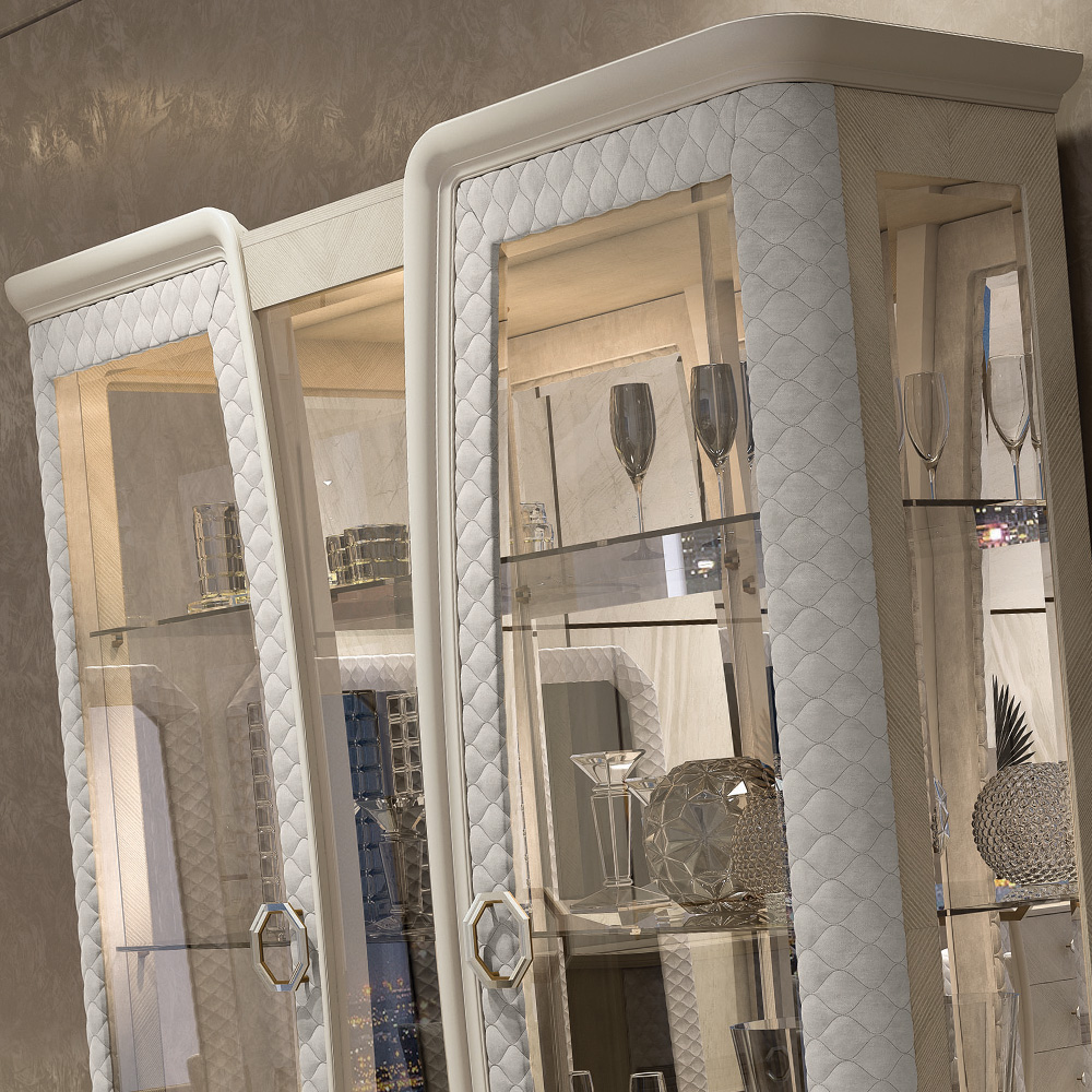 Designer Italian Quilted Display Cabinet With Crystal Details