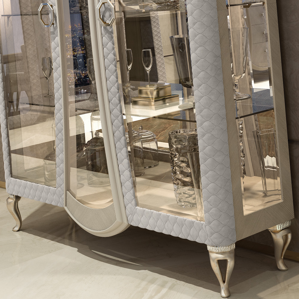 Designer Italian Quilted Display Cabinet With Crystal Details