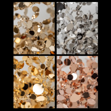 Contemporary Italian Designer Wall Light Four panels feature dense clusters of small, round, metallic discs in gold, silver, and rose gold—arranged abstractly and reminiscent of the Contemporary Italian Designer Wall Light set against a blurred background.