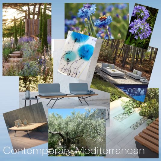 outdoor retreat, contemporary Mediterranean mood board