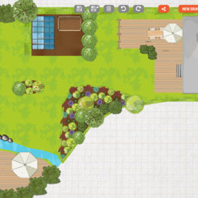 A top-down illustrated view of an outdoor retreat garden layout features a stream with bridges, various trees, shrubs, and plants. Deck areas with tables, chairs, and a parasol offer relaxation spots. A greenhouse and house structure are visible on the right side. Garden design tools are at the top.