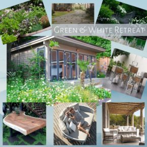Collage of an outdoor retreat with various garden and seating areas. Includes a modern house with large windows, lush greenery, wooden benches and chairs, a rounded wicker daybed, a rustic wooden table, and covered outdoor seating. Labeled "Green & White Outdoor Retreat.