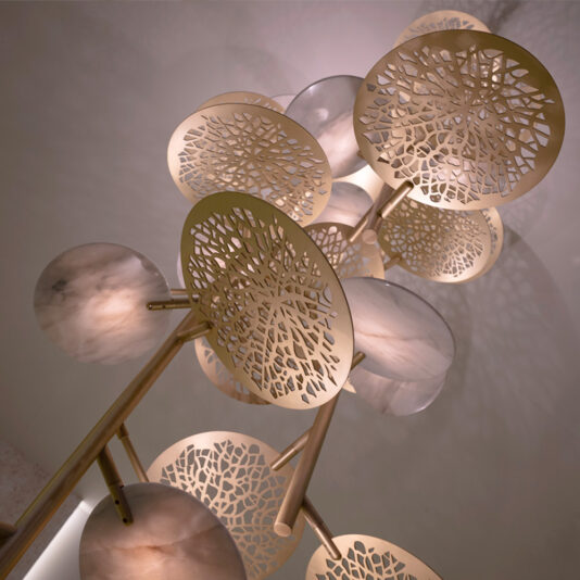 Contemporary Designer Brass And White Marble Chandelier